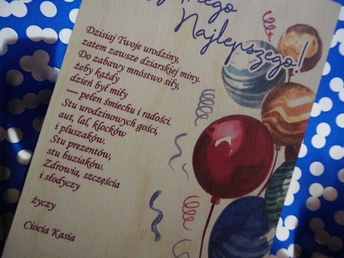 Drewniana kartka z życzeniami 10×14,5 cm – personalizowana | nadruk UV (pamiątka na lata) - obrazek 2