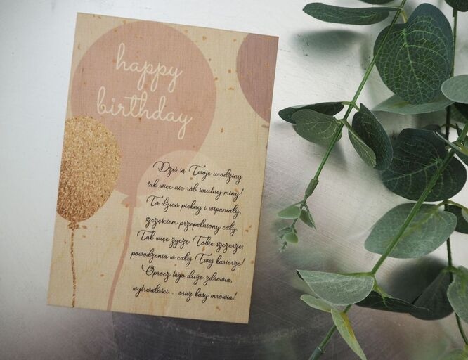 Drewniana kartka z życzeniami 10×14,5 cm – personalizowana | nadruk UV (pamiątka na lata)