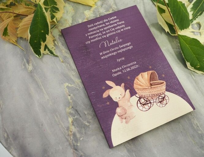 Drewniana kartka z życzeniami 10×14,5 cm – personalizowana | nadruk UV (pamiątka na lata)